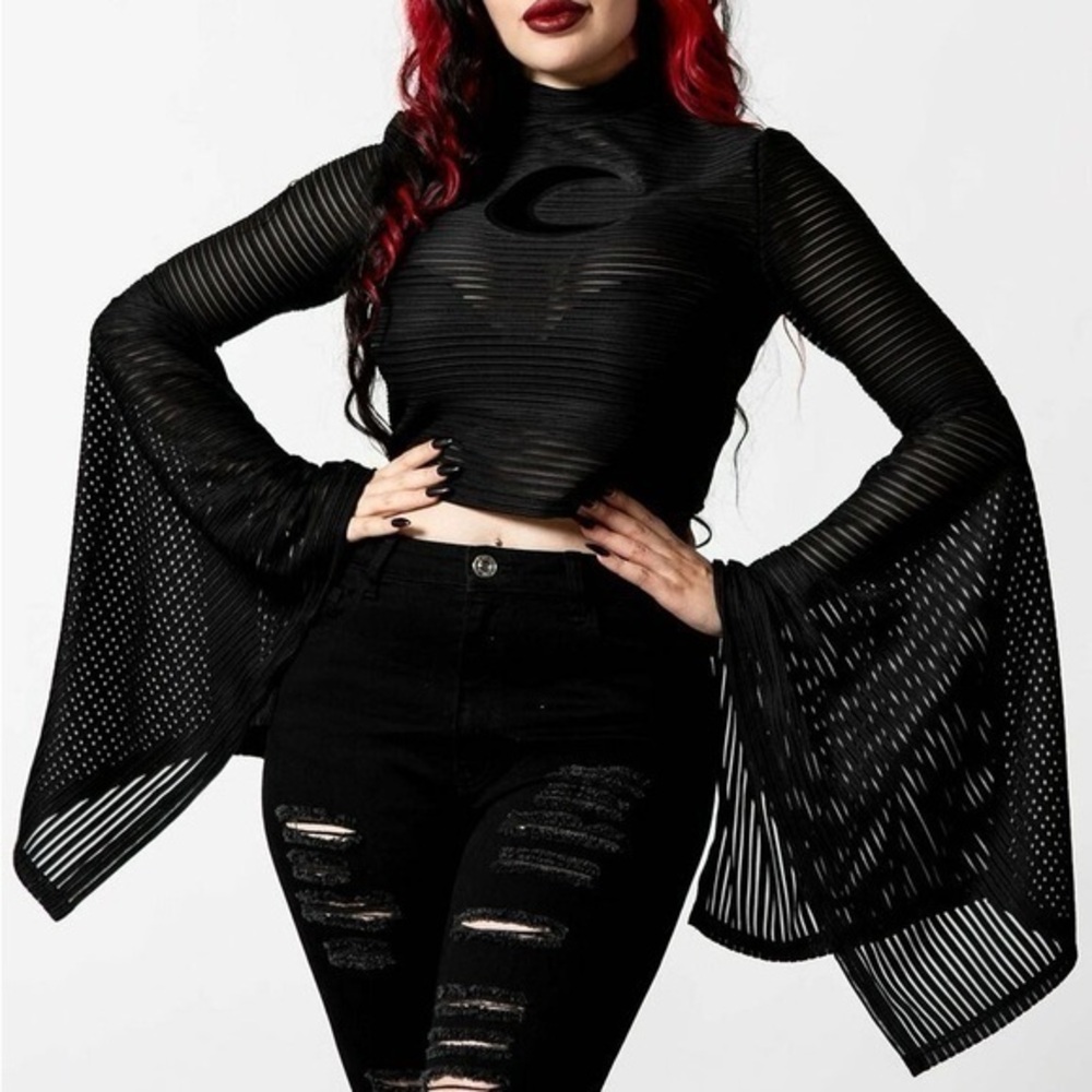 Killstar Phases 🌙 Striped Top Black Long Bell Sleeve Size M Discontiued